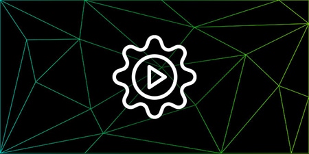 Graphic of a triangle mesh outline on a black background with an icon of a gearwheel at the centre