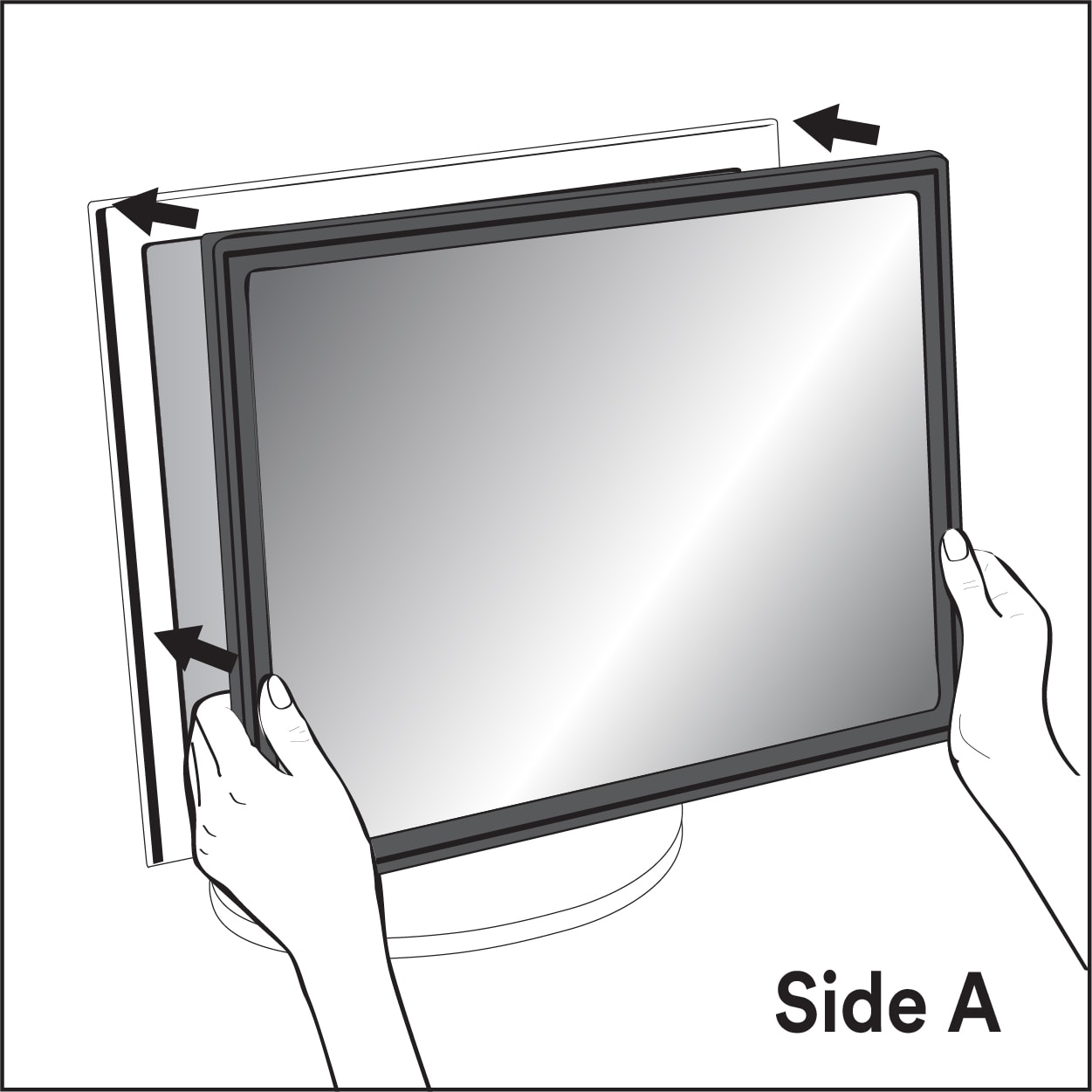 Illustration showing how to apply framed privacy filter to monitor screen by Command Strips